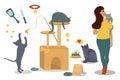 Vector illustration on the theme of happy pets owners . A young woman with a cat in her arms, sitting and jumping cats.